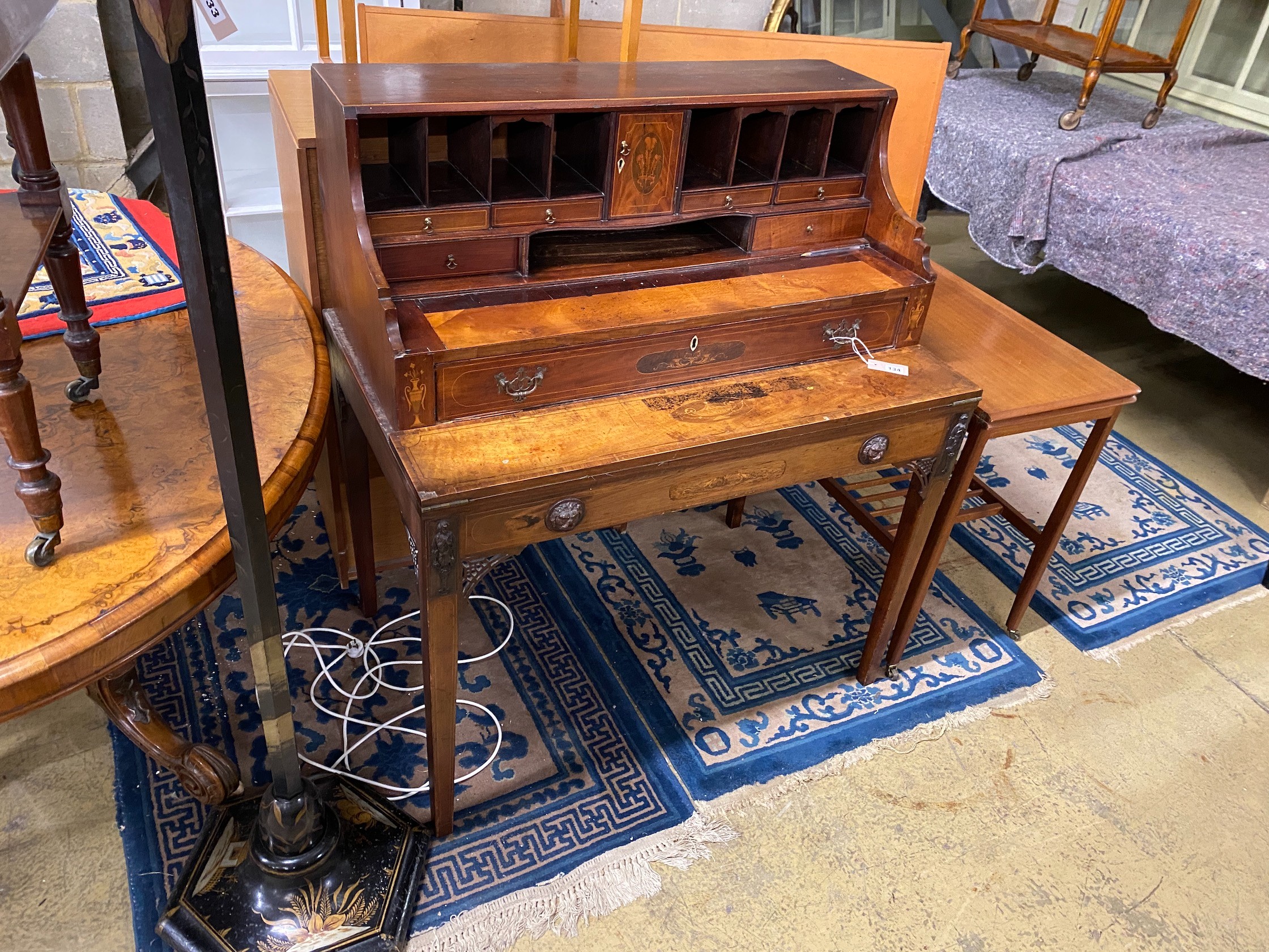 A George III and later inlaid mahogany writing desk, adapted, width 100cm, depth 62cm, height 115cm